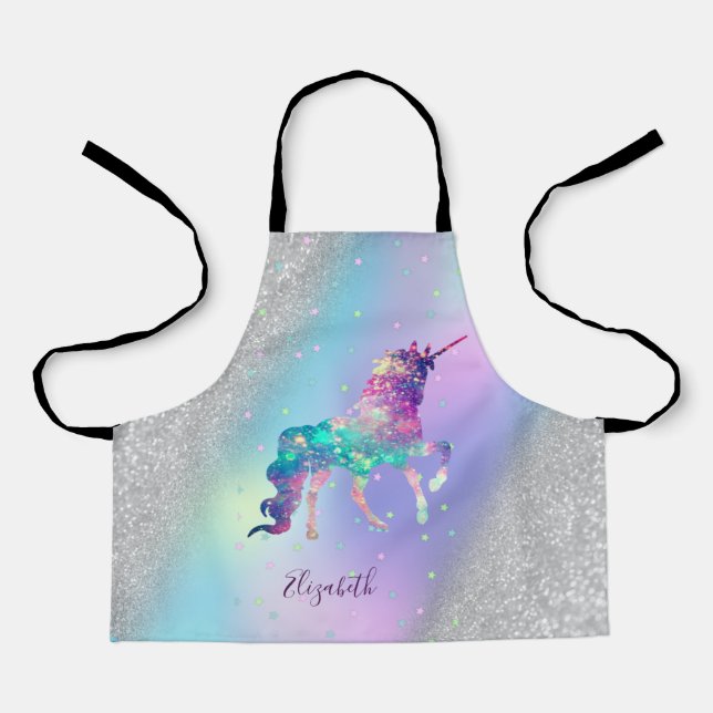 Tablier Licorne, Étoiles, Paillettes Argentées Bokeh Holog (Recto)