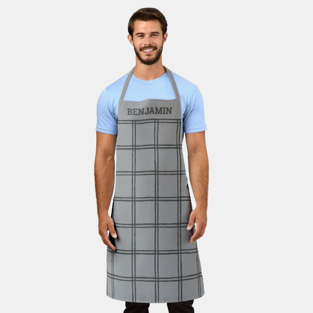 Tablier Lignes Plaid Gris Moderne Personnalisé Papa Cook (Porté)