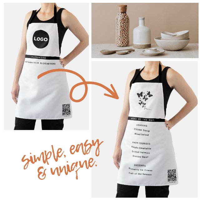 Tablier Logo de boulangerie QR Nom de l'employé Blanc (Business Logo QR White Modern Simple Employee Name Apron)
