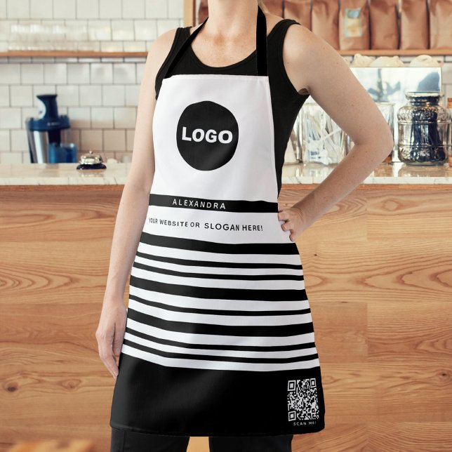 Tablier Logo de l'entreprise QR Black White Stripes Nom de (Business Logo QR Black White Stripes Employee Name Apron)
