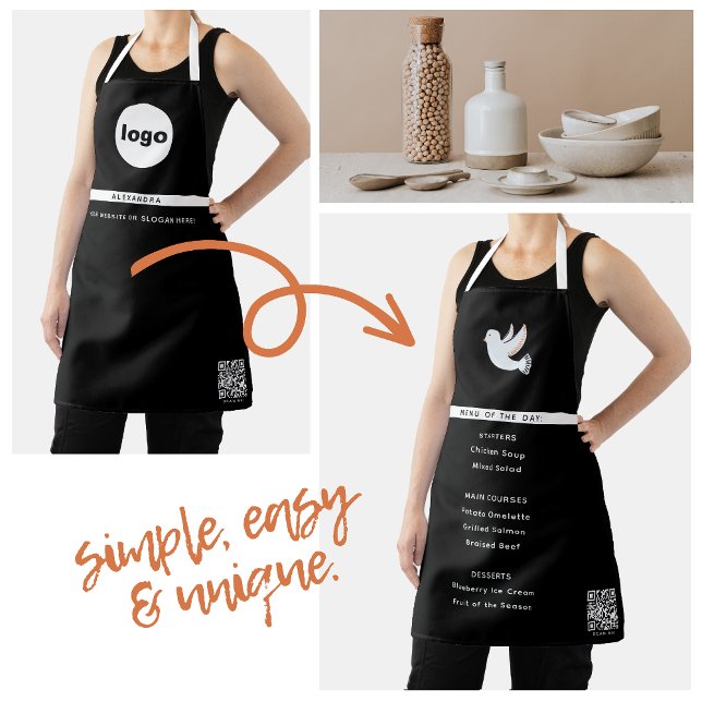 Tablier Logo d'entreprise QR Noir Nom de l'employé (Business Logo QR Black Modern Simple Employee Name Apron)