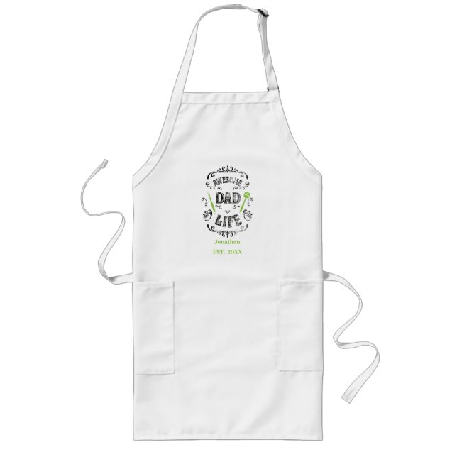 Tablier Long Awesome Papa Vie Personnalisé Nom Long Apron Blanc (Devant)