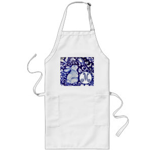 Tablier Long Bleu Blanc Rabbit Oiseau Floral Monogramme Élégant