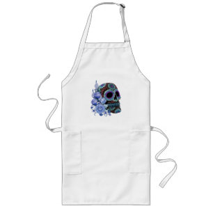 Tablier Long Blue Floral Black Sugar Skull Jour des morts