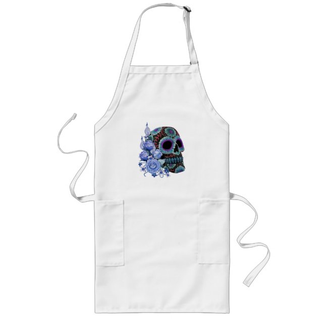 Tablier Long Blue Floral Black Sugar Skull Jour des morts (Devant)