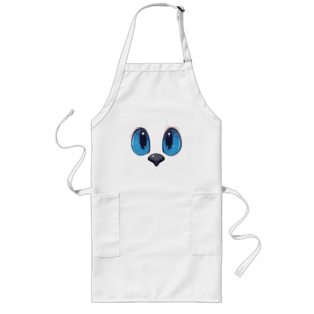 Tablier Long Chat aux yeux bleus adorable design Kawaii (Devant)