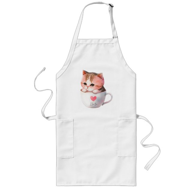 Tablier Long Chat blanc-rose mignonne dans une tasse de thé (2) (Devant)