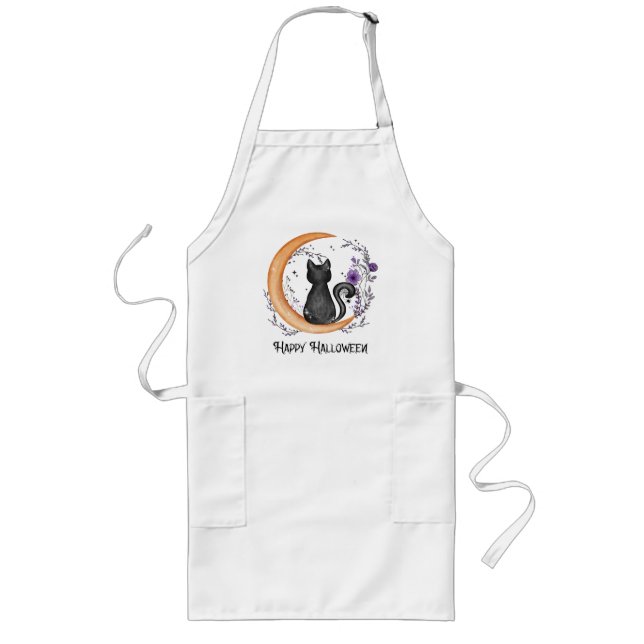 Tablier Long Chat noir et lune de croissant pour Halloween heur (Devant)
