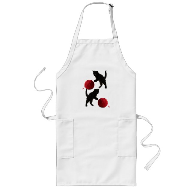 Tablier Long Chat silhouette noire, avec boule de laine rouge (Devant)