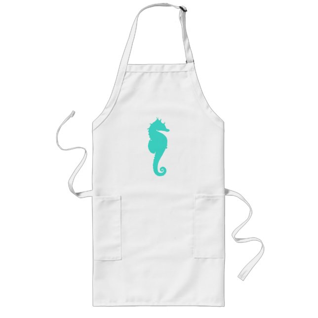 Tablier Long Cheval Marin Turquoise sur Fond Blanc (Devant)