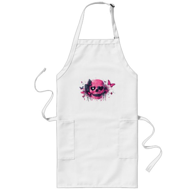 Tablier Long Crâne rose avec papillons et coeurs (Devant)