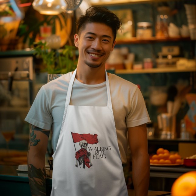 Tablier Long Drapeau rouge à pied Squelette | Humour minimalist (Walking red flag tattoo-inspired skull design apron)