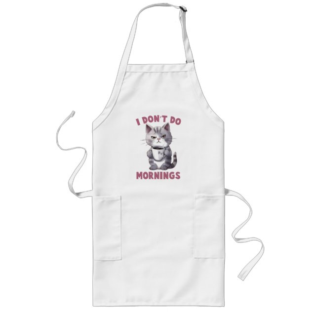 Tablier Long Je ne fais pas le matin - Chat gris avec café (Devant)