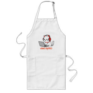 Tablier Long Joli Chat Blanc avec Casque Rouge sur Ordinateur P