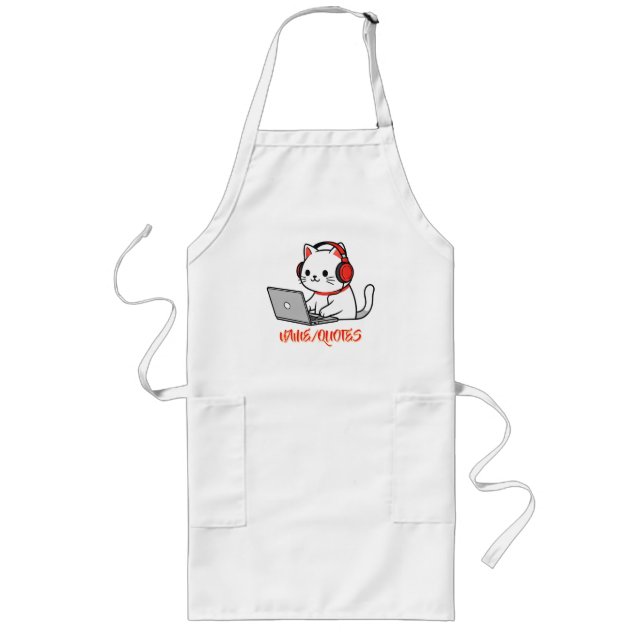 Tablier Long Joli Chat Blanc avec Casque Rouge sur Ordinateur P (Devant)
