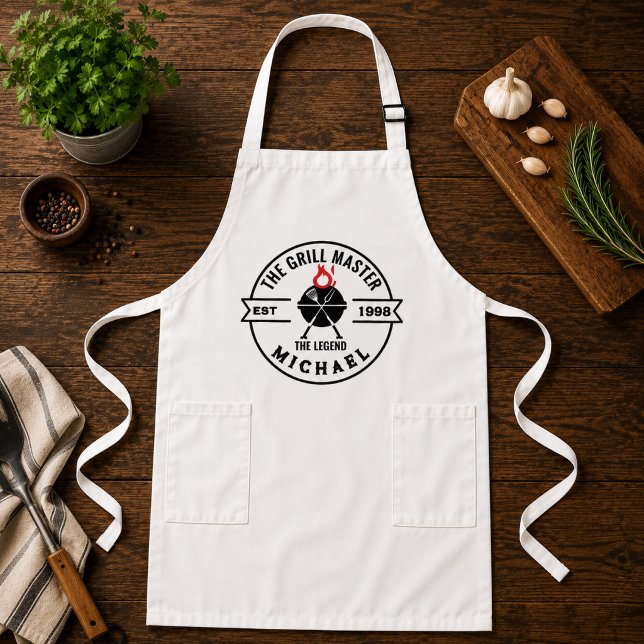 Tablier Long Le Maître du Grill Année d'Origine Nom Flamme (grilling aprons dad bbq birthday foodie  for him grillmaster cooking modern chef men )