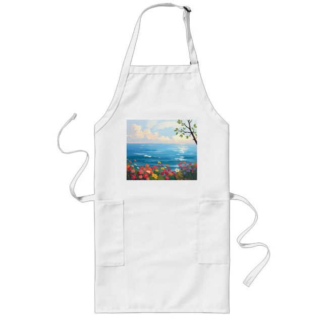 Tablier Long Mer impressionniste avec jardin fleurissant (Devant)