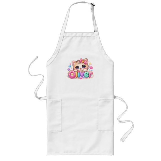 Tablier Long Mignon Kawaii Oliver Nom de Chat Pastel Rose Étinc (Devant)