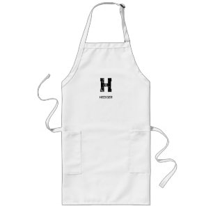 TABLIER LONG MINIMALISTE NOIR UNE LETTRE MONOGRAMME NOM BLANC