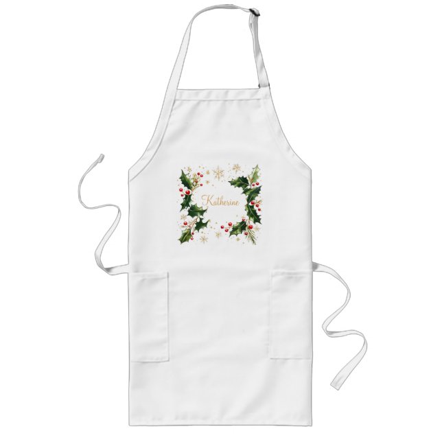 Tablier Long Pretty Personalized Holly & Snowflakes Xmas Apron (Devant)