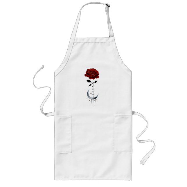 Tablier Long Rose rouge de style tatouage et lune de croissant  (Devant)