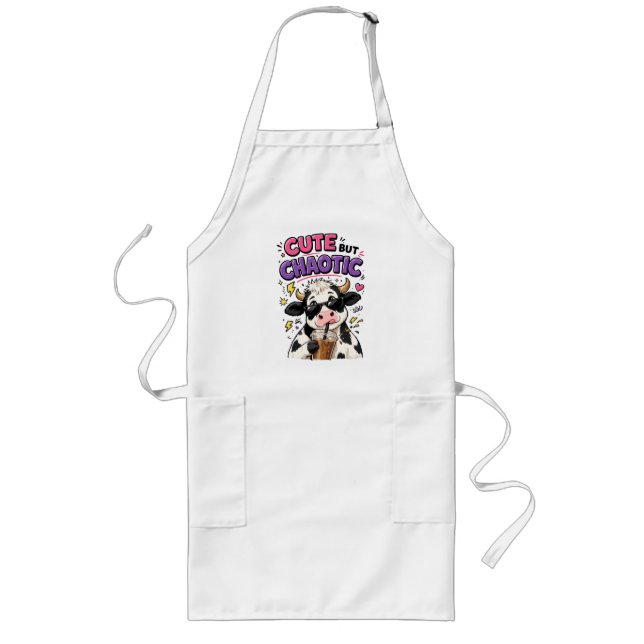 Tablier Long Vache mignonne mais chaotique avec café glacé (Devant)