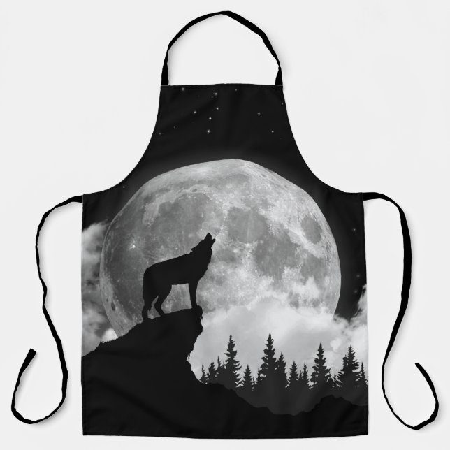 Tablier Loup noir et blanc hurlant sur la lune (Recto)