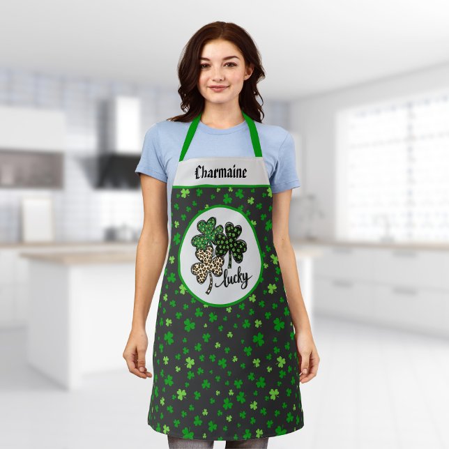 Tablier Lucky St Patrick Shamrock Green Black Cat Print   (Créateur téléchargé)