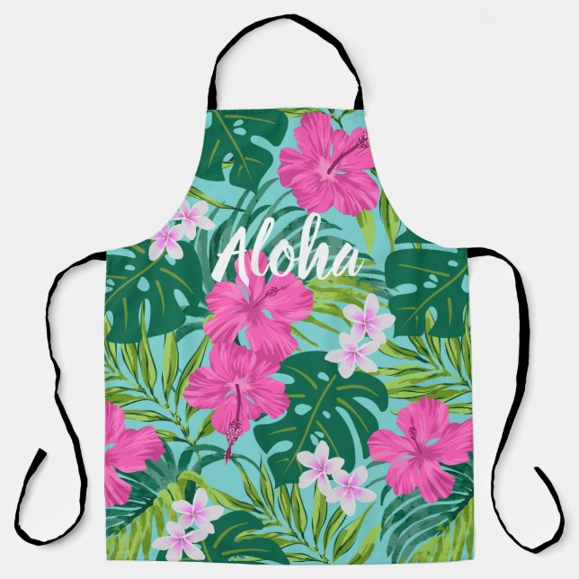 Tablier Luna Hibiscus Garden Hawaiian - Rose et Turq (Recto)