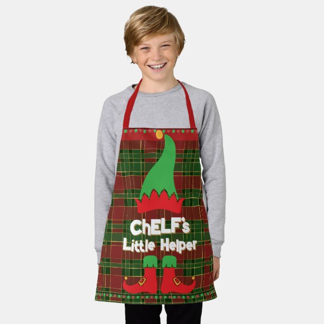 Tablier Lutin de chef festif petit aide tartan rouge vert (Porté)