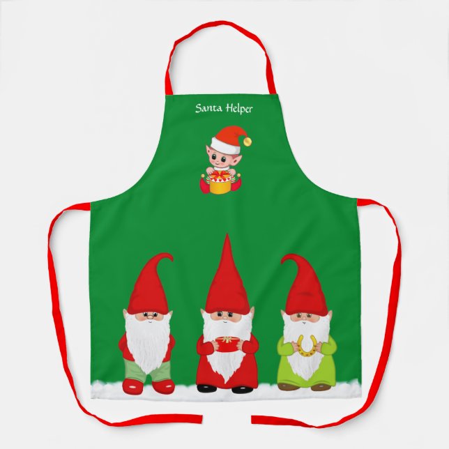 Tablier Lutins de Noël et Elfe Mignon sur Fond Vert  (Recto)