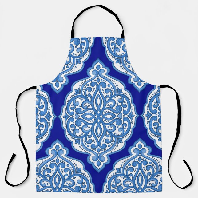 Tablier Luxe blanc-bleu, ornement turc. (Recto)
