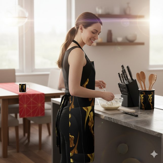 Tablier Luxury Full Gold Swirl Black Kitchen Chef Christti (Opulent Culinary Gold: Liquid Swirl Apron & Luxury Kitchen Accessories! Cook with Grace.)
