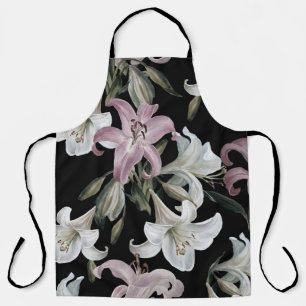 Tablier Lys, blanc rose, motifs floraux.