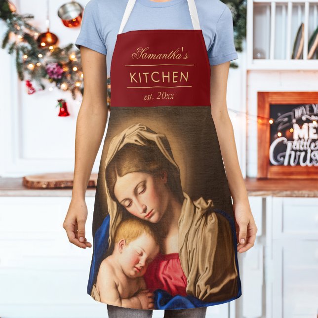 Tablier Madonna & Enfant traditionnel Noël religieux (Religious Christmas apron with Madonna and Child in red and gold for Catholics & Christians.)