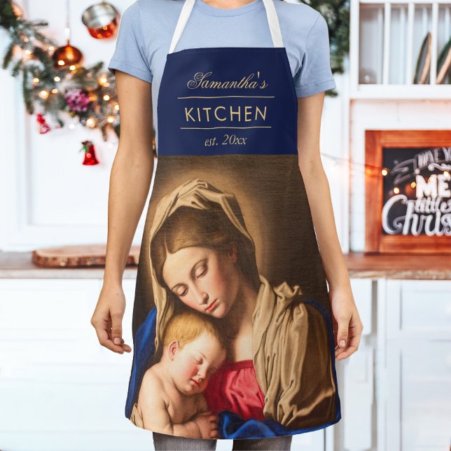 Tablier Madonna & Enfant traditionnel Noël religieux (Religious Christmas apron with Madonna and Child in blue and gold for Catholics and Christians.)