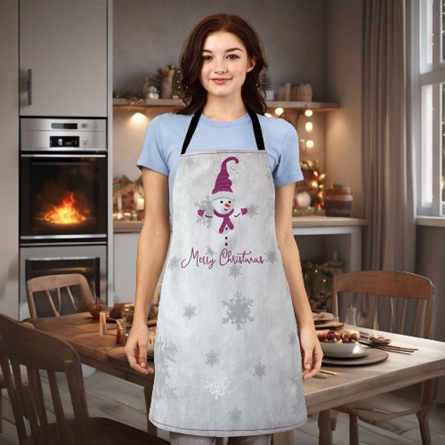 Tablier Magenta Cute Snowman Holiday Apron (Magenta Cute Snowman Holiday Apron)