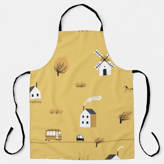 Tablier Maison colorée, arbres, chevaux paysage (Recto)