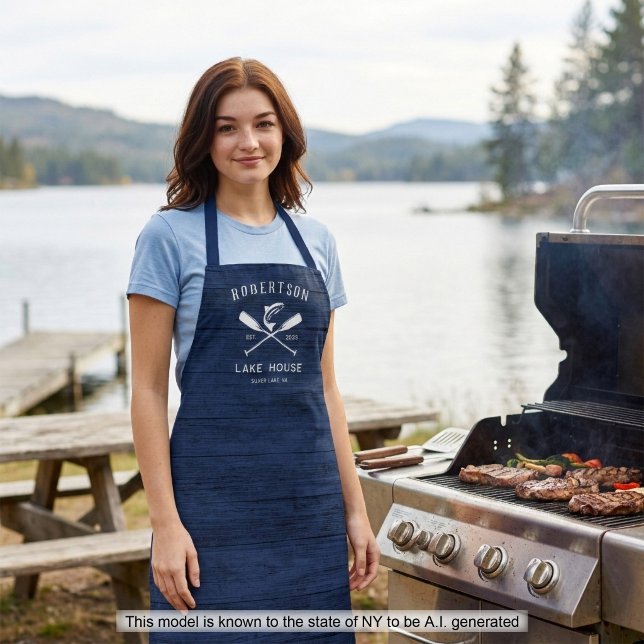 Tablier Maison de lac Rustique Bleu Marine Nom de Famille  (Créateur téléchargé)
