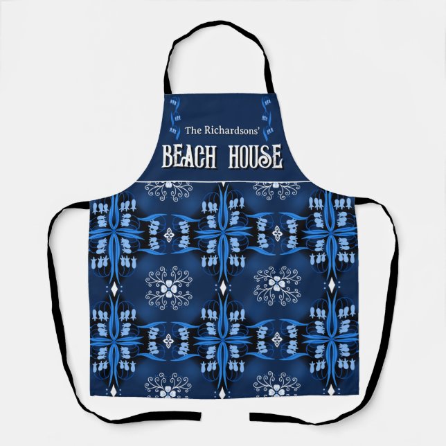 Tablier Maison de plage familiale bleu minuit  (Recto)