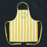 Tablier Maison de plage Nom personnalisé Cabana jaune Band<br><div class="desc">Cuisinez dans le style avec notre Beach House Custom Name Yellow Cabana Stripe Apron, un mélange parfait de charme côtier et de l'atmosphère personnalisée. Ce tablier animé est doté d'un design rayé de cabane jaune ensoleillé et peut être customisé avec votre nom de famille, date et emplacement établis, ce qui...</div>