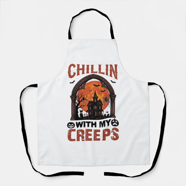 Tablier Maison hantée Halloween Chillin Creeps Lune Orange (Recto)