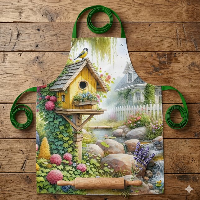 Tablier Maisonnette à Oiseaux de Jardin de Cottage Fantais (Whimsical Cottage Garden Birdhouse Stream Apron)