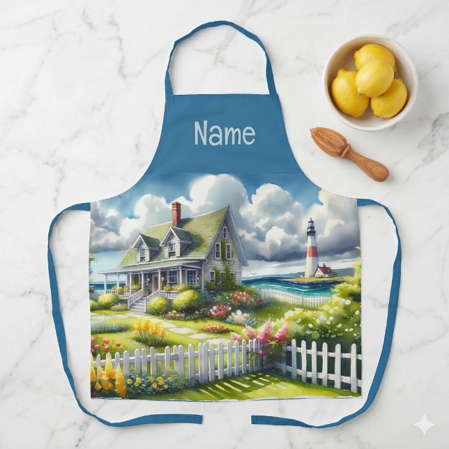 Tablier Maisonnette avec vue sur le phare (Cottage With View Of The Lighthouse Apron On Counter)