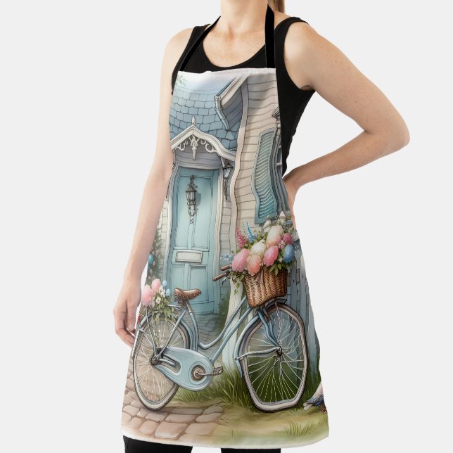 Tablier Maisonnette Bleue avec Vélo et Panier de Fleurs Pr (Insitu)