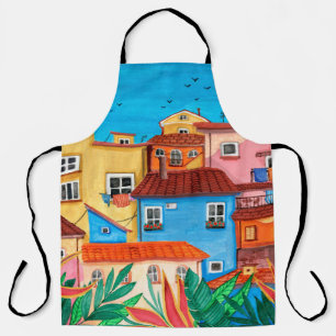 Tablier Maisons italiennes. Gouache tirée à la main