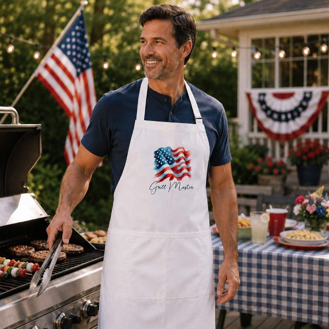 Tablier Maître Grill Patriote Drapeau Américain (Patriotic grill master apron with watercolor American flag at festive backyard BBQ cookout)