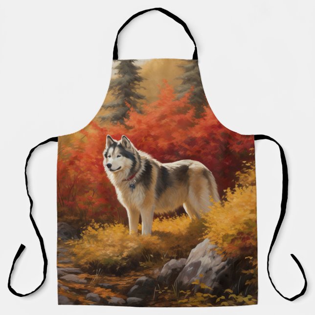 Tablier Malamute d'Alaska dans les feuilles d'automne qui  (Recto)