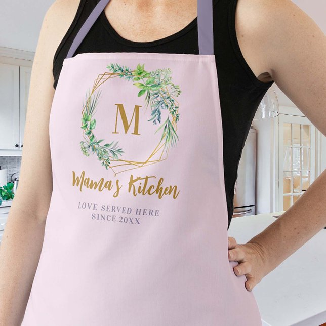 Tablier Maman Apron Herbes Aromatiques Purple Or rose Mono (mom pink apron christmas gift aromatic herbs love served here cute pretty gold wreath hexagon custom)