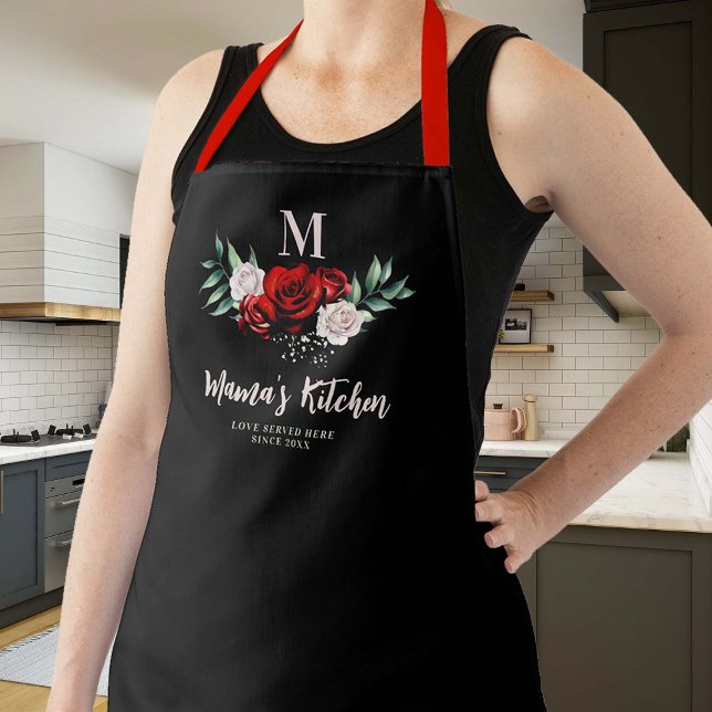 Tablier Maman Cadeau Black Red Roses Wreath Élégant Monogr (mom apron personalized christmas gift monogram black red white green roses flowers elegant pretty)